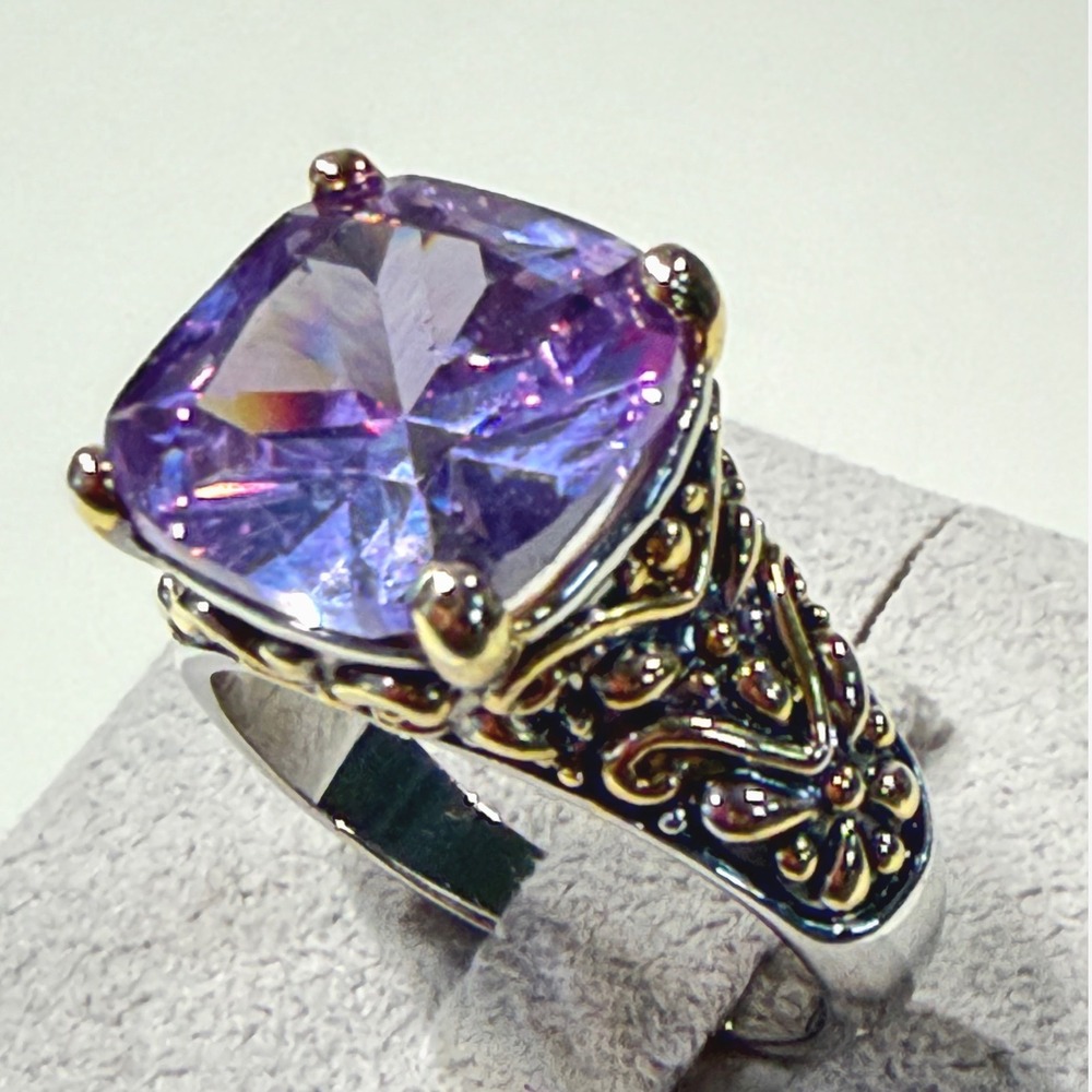 Vintage Silver Tone Gold Tone Purple Stone Cocktail Ring Ornate Filigree Sz 7.5